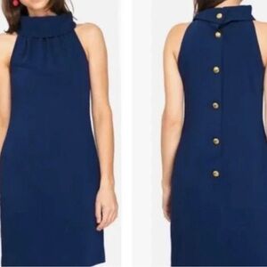Sail to Sable Navy Cowl Neck Dress w/ Brass Colored Buttons